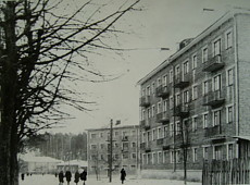 Ул. Арсеньевка. 4-х этажный дом, который справа, был построен в 1966 году. А застеклённого кафе ещё нет: на его месте стоит деревянный дом.